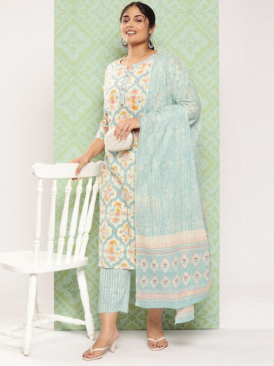 Yufta Plus Size Floral Printed Kantha Work Pure Cotton Kurta with Trousers & Dupatta