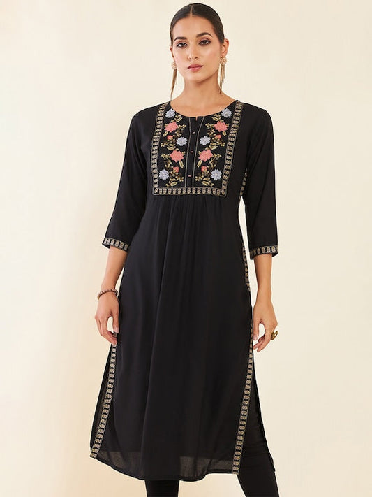 Soch Black Floral Embroidered Yoke Design Gathered Kurta