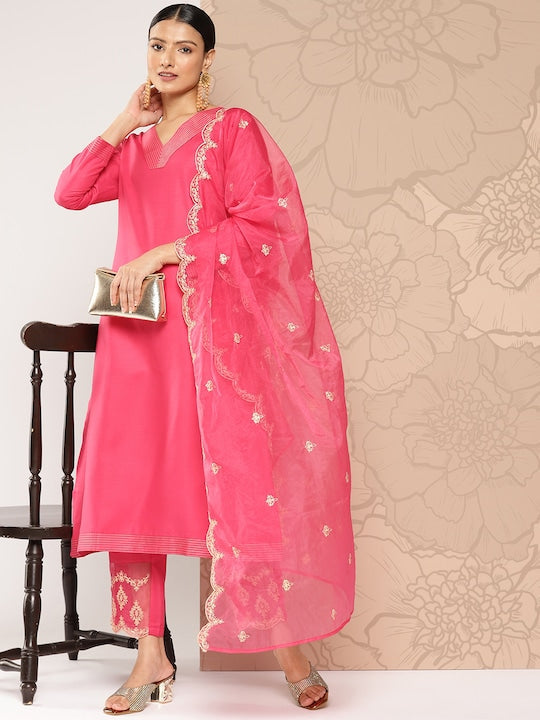 Yufta Women Embroidered Regular Thread Work Kurta with Trousers & With Dupatta