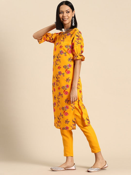 Sangria Floral Printed Puff Sleeve Kurta with Trousers