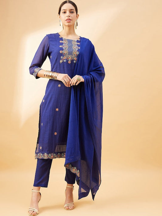 All about you Blue Floral Embroidered Regular Mirror Work Kurta With Trousers & Dupatta