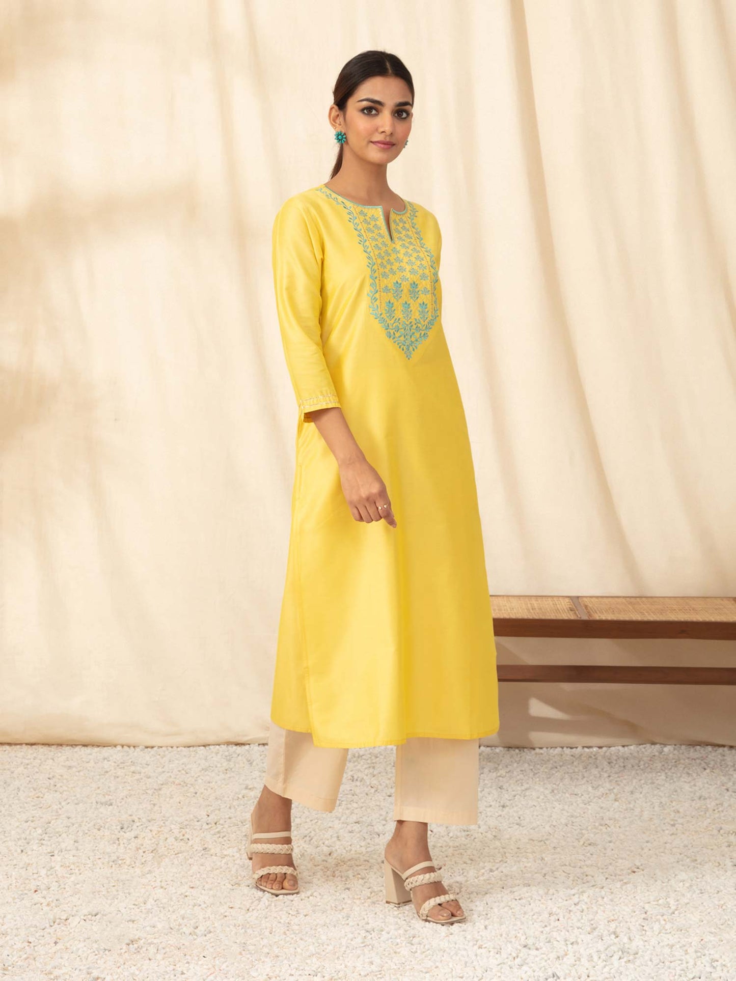 Likha Yellow straight Kurta with Embroidered Mughal Buttis LIKKUR85
