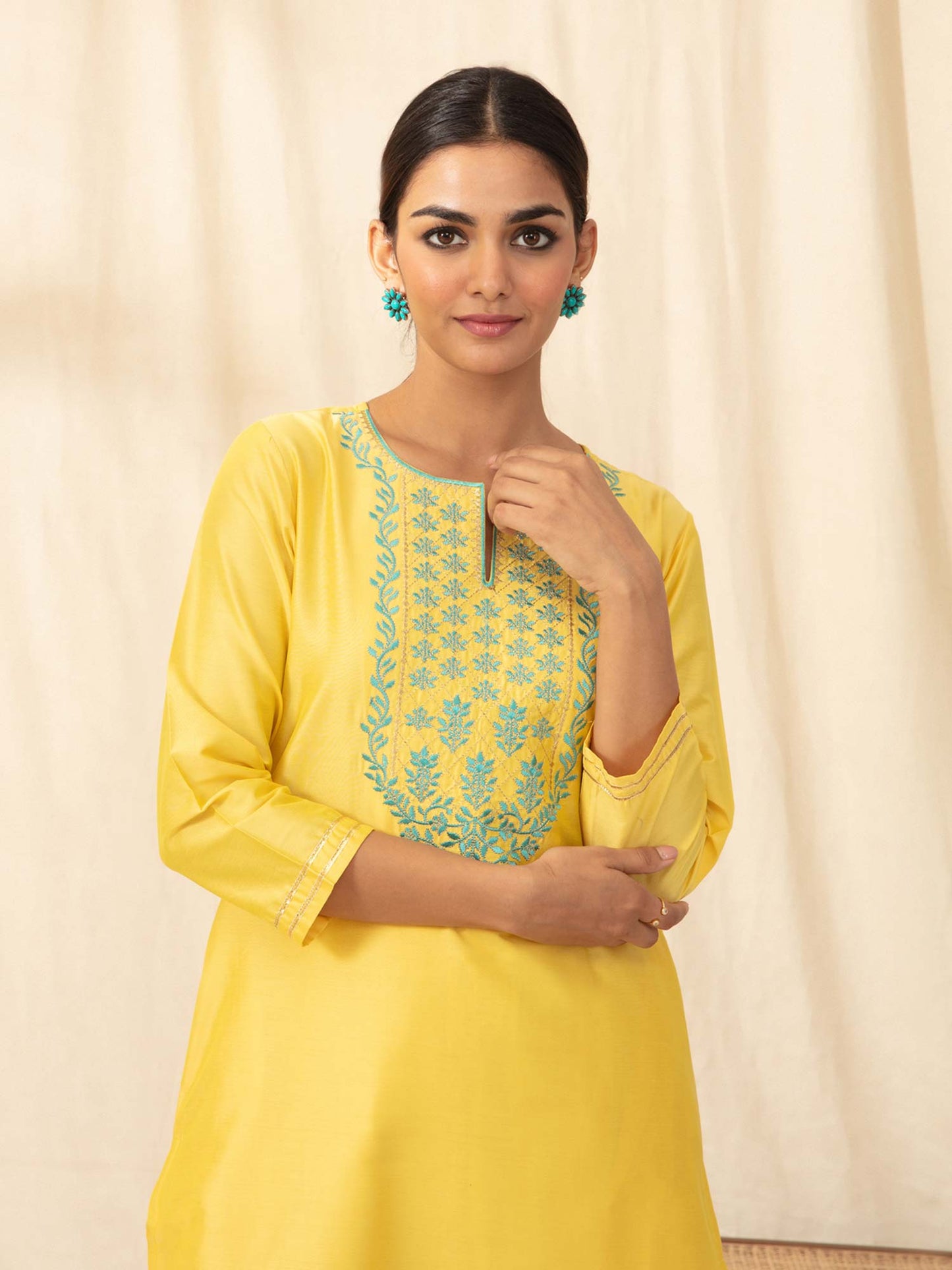 Likha Yellow straight Kurta with Embroidered Mughal Buttis LIKKUR85