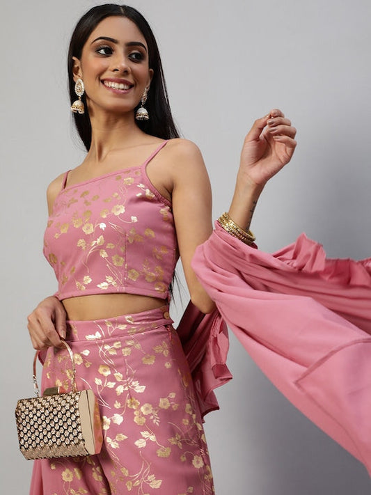 AKS Couture Foil Printed Shoulder Straps Top WIth Palazzo & Dupatta Co-Ords