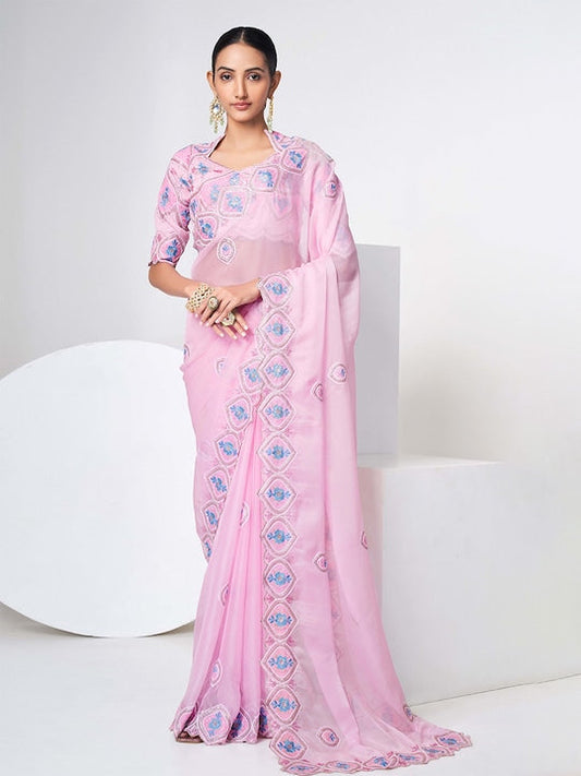 Fusionic Ethnic Motifs Embroidered Organza Saree