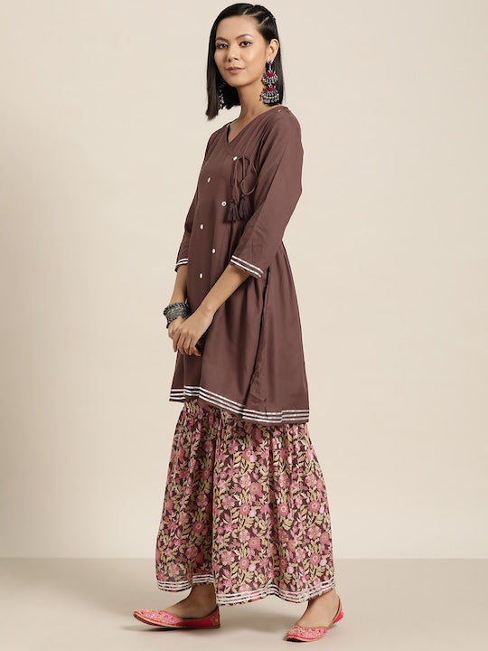 Here&now Mirror-Work Angrakha Gotta Patti Kurta with Sharara & Dupatta