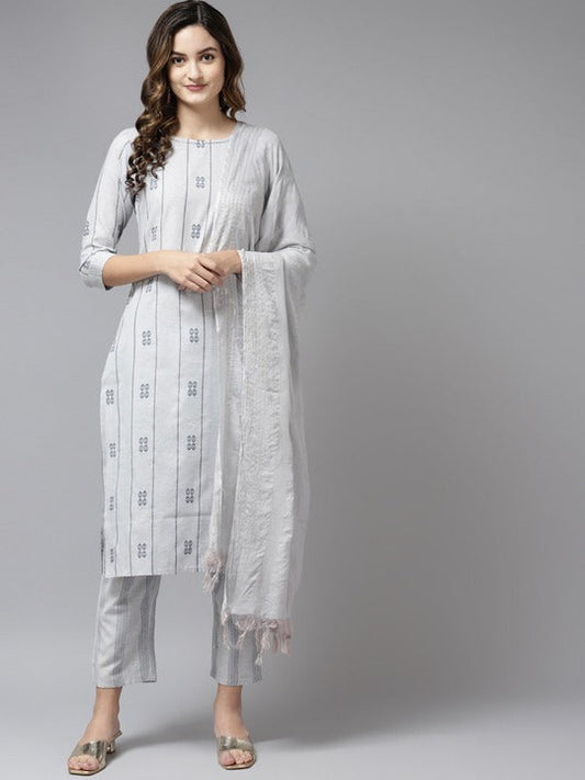 Yufta Women Grey Kantha Work Pure Cotton Kurta with Trousers & With Dupatta