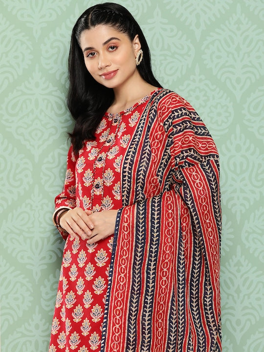 Yufta Floral Printed Regular Sequinned Pure Cotton Kurta with Trousers & With Dupatta