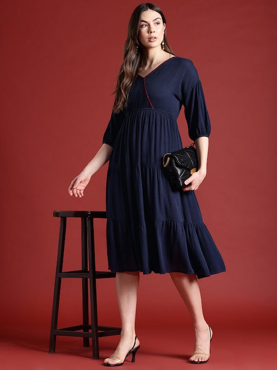 All about you Puff Sleeves Tiered Midi Wrap Style Dress