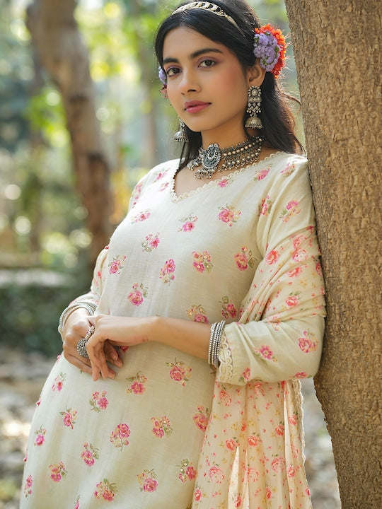 Scakhi Floral Printed Regular Sequinned Linen Kurta with Sharara & With Dupatta