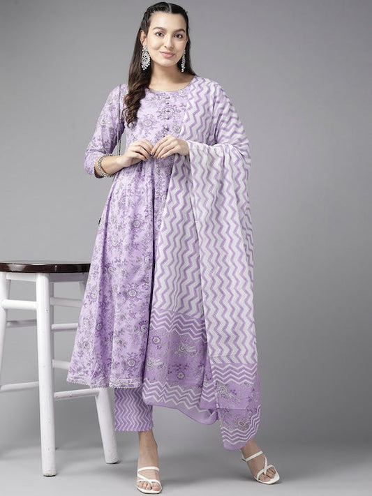 Yufta Floral Printed Gotta Patti Pure Cotton Kurta With Trousers & Dupatta