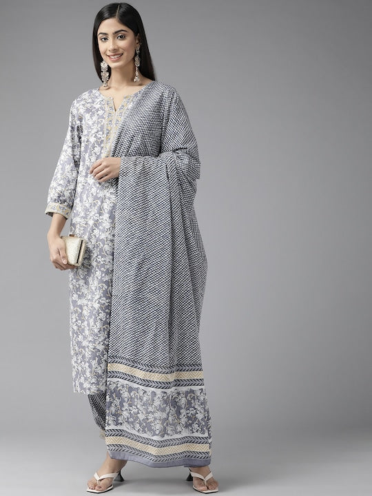 Yufta Women Floral Printed Pure Cotton Kurta with Harem Pants & With Dupatta