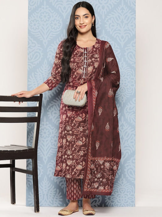 Yufta Floral Printed Regular Gotta Patti Pure Cotton Kurta with Trousers & Dupatta