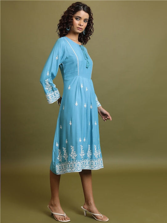 Vishudh Blue Floral Embroidered Tie-Up Neck A-Line Midi Dress