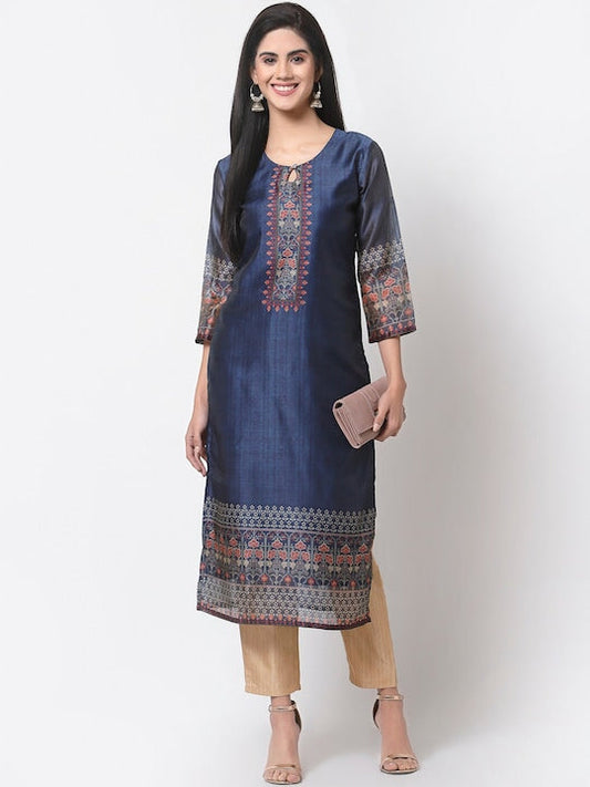 Myshka Women Navy Blue Ethnic Motifs Printed Keyhole Neck Chanderi Silk Kurta - S
