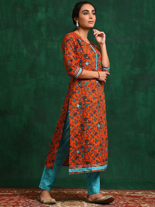 AKS Floral Printed Gotta Patti Pure Cotton Kurta with Trousers
