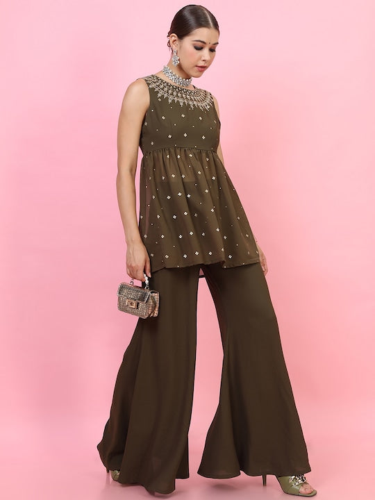 Vishudh Women Olive Green Embroidered Pleated Kurti with Palazzos & With Dupatta