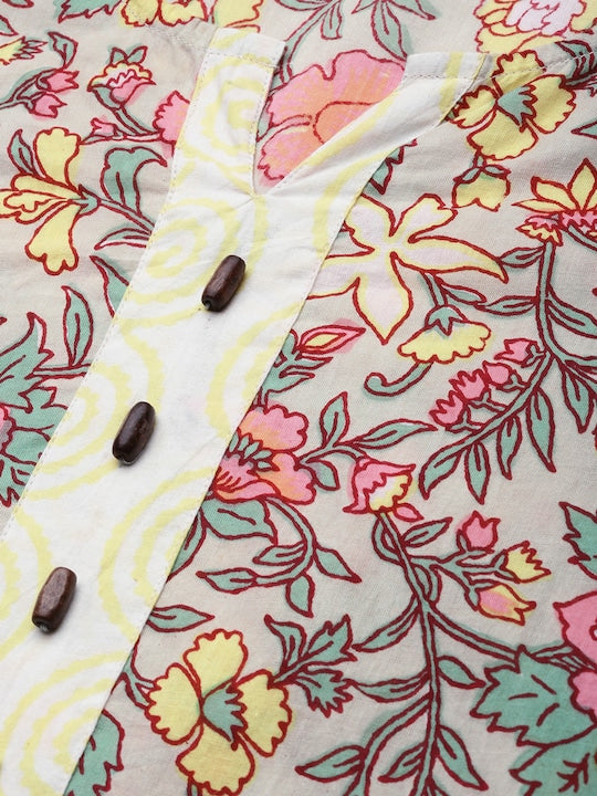Varanga Women Sea Green & Mustard Yellow Printed Kurta with Trousers