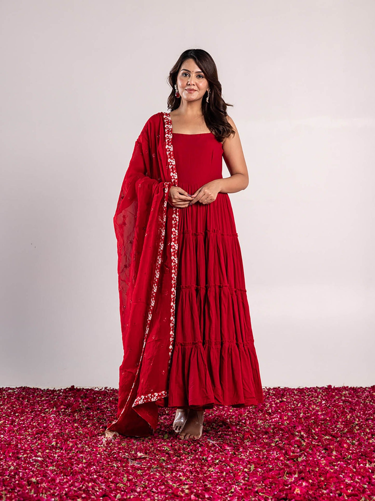 ONEWE INDIA Shrishi Red Anarkali Suit with Churidar & Dupatta (Set of 3)