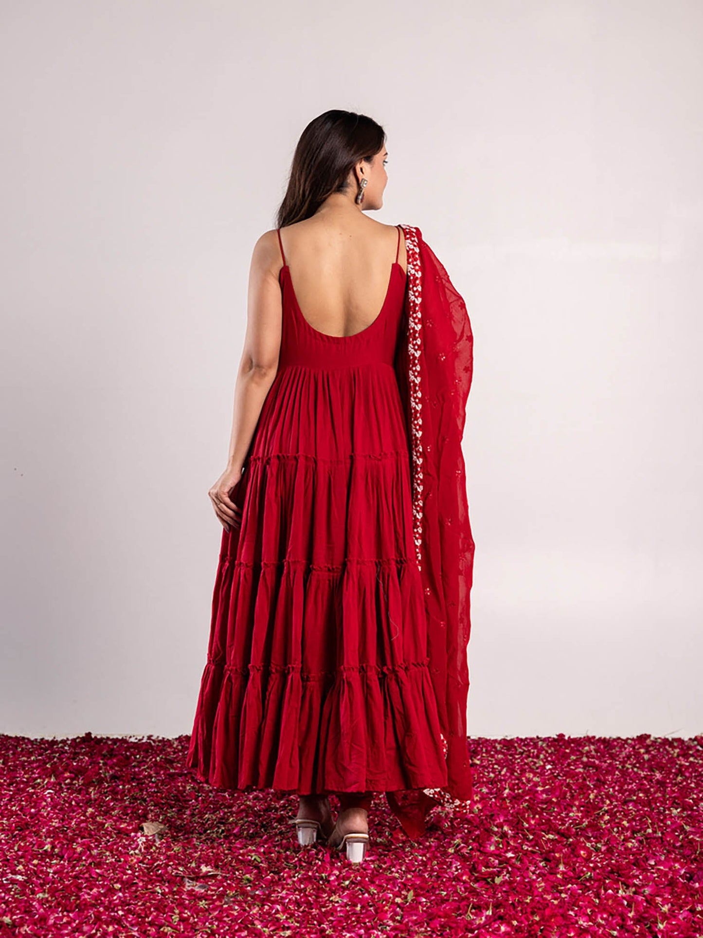 ONEWE INDIA Shrishi Red Anarkali Suit with Churidar & Dupatta (Set of 3)