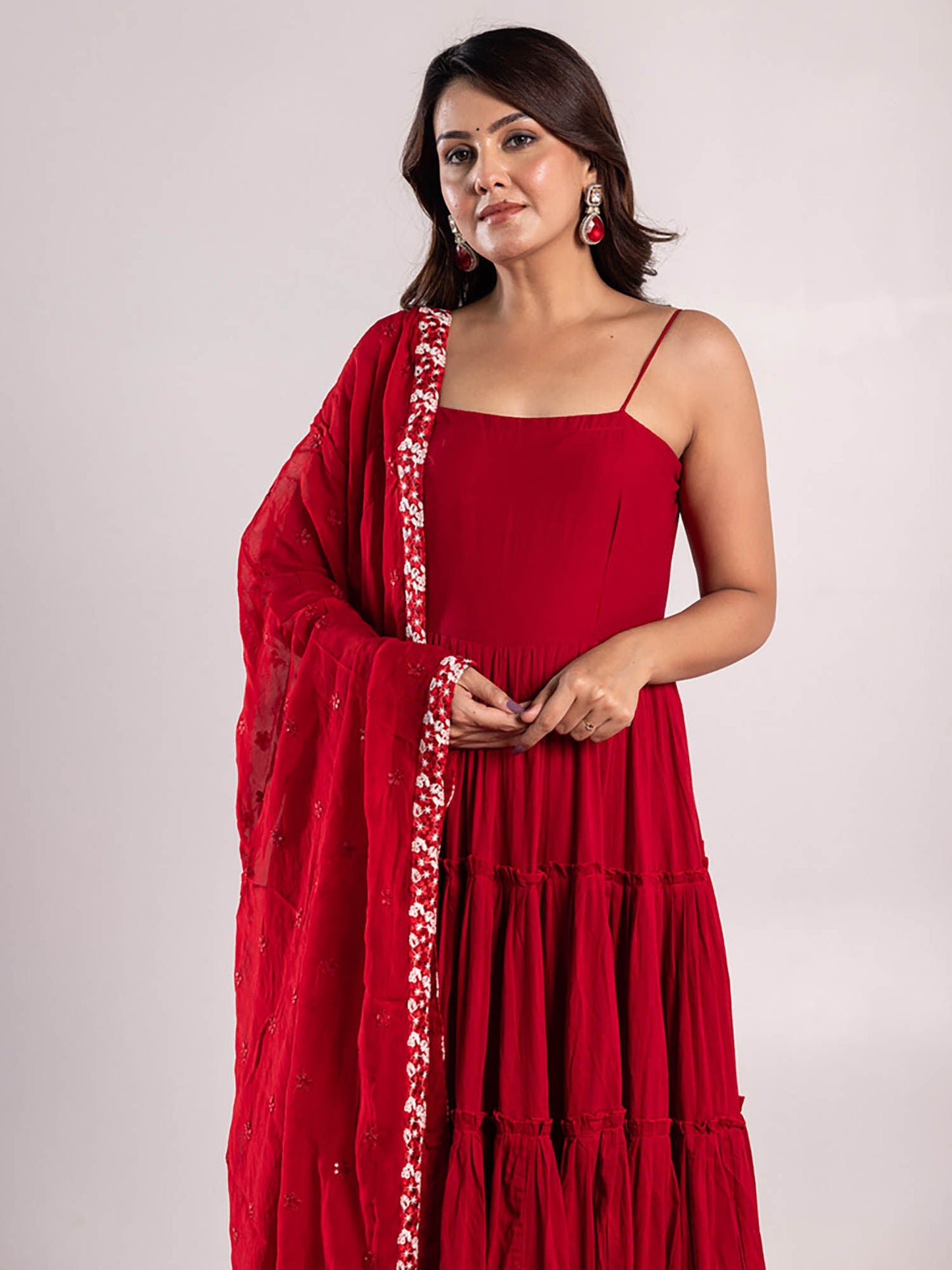 ONEWE INDIA Shrishi Red Anarkali Suit with Churidar & Dupatta (Set of 3)