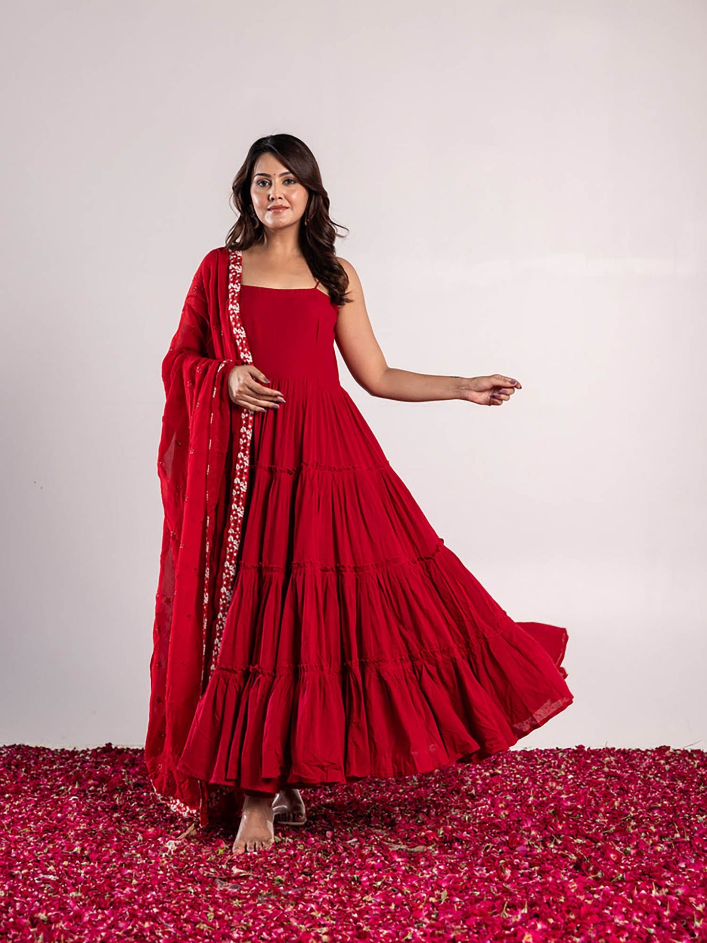 ONEWE INDIA Shrishi Red Anarkali Suit with Churidar & Dupatta (Set of 3)