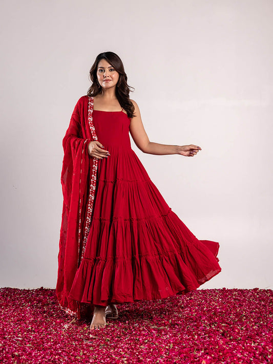 ONEWE INDIA Shrishi Red Anarkali Suit with Churidar & Dupatta (Set of 3)