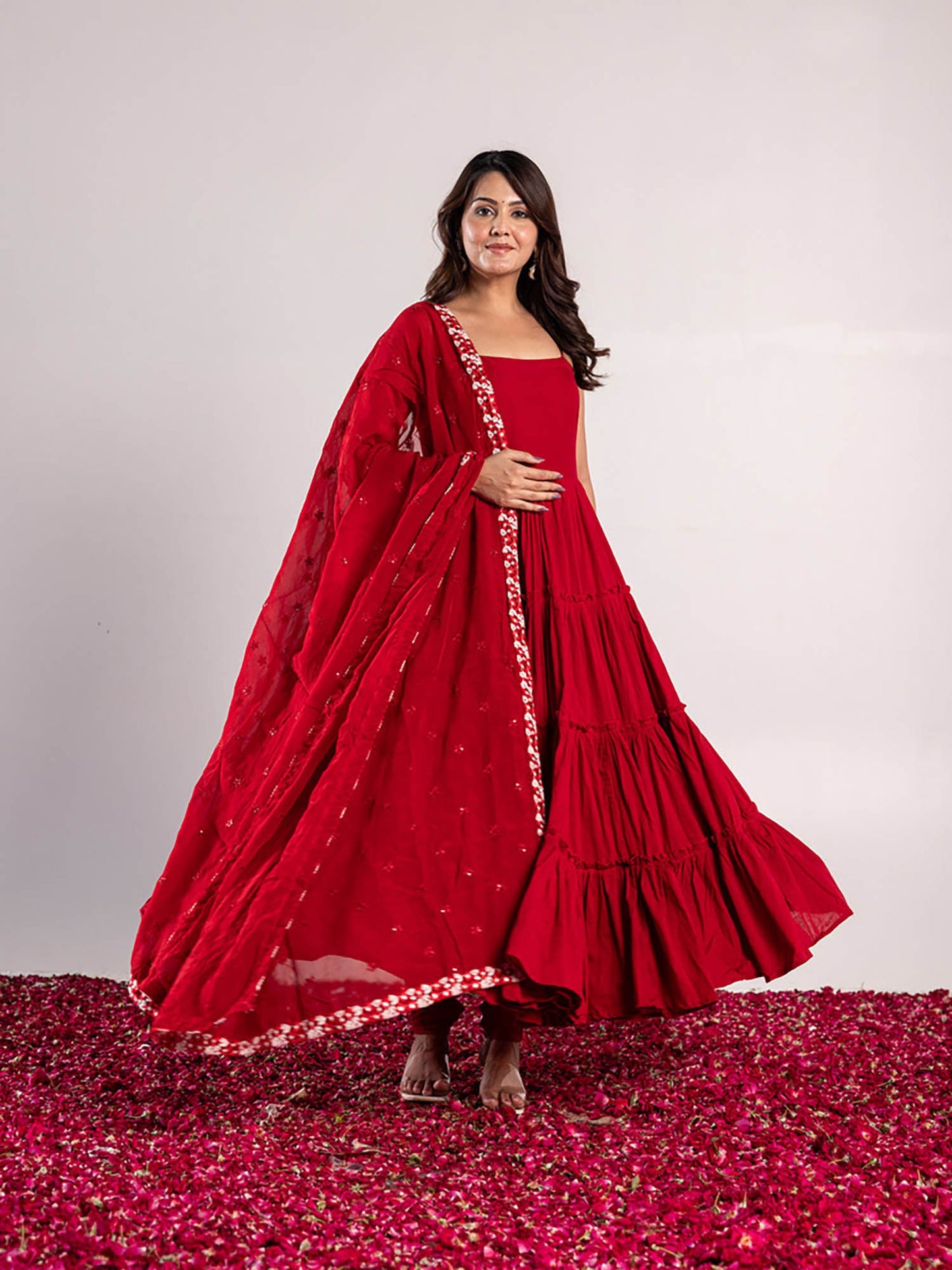 ONEWE INDIA Shrishi Red Anarkali Suit with Churidar & Dupatta (Set of 3)