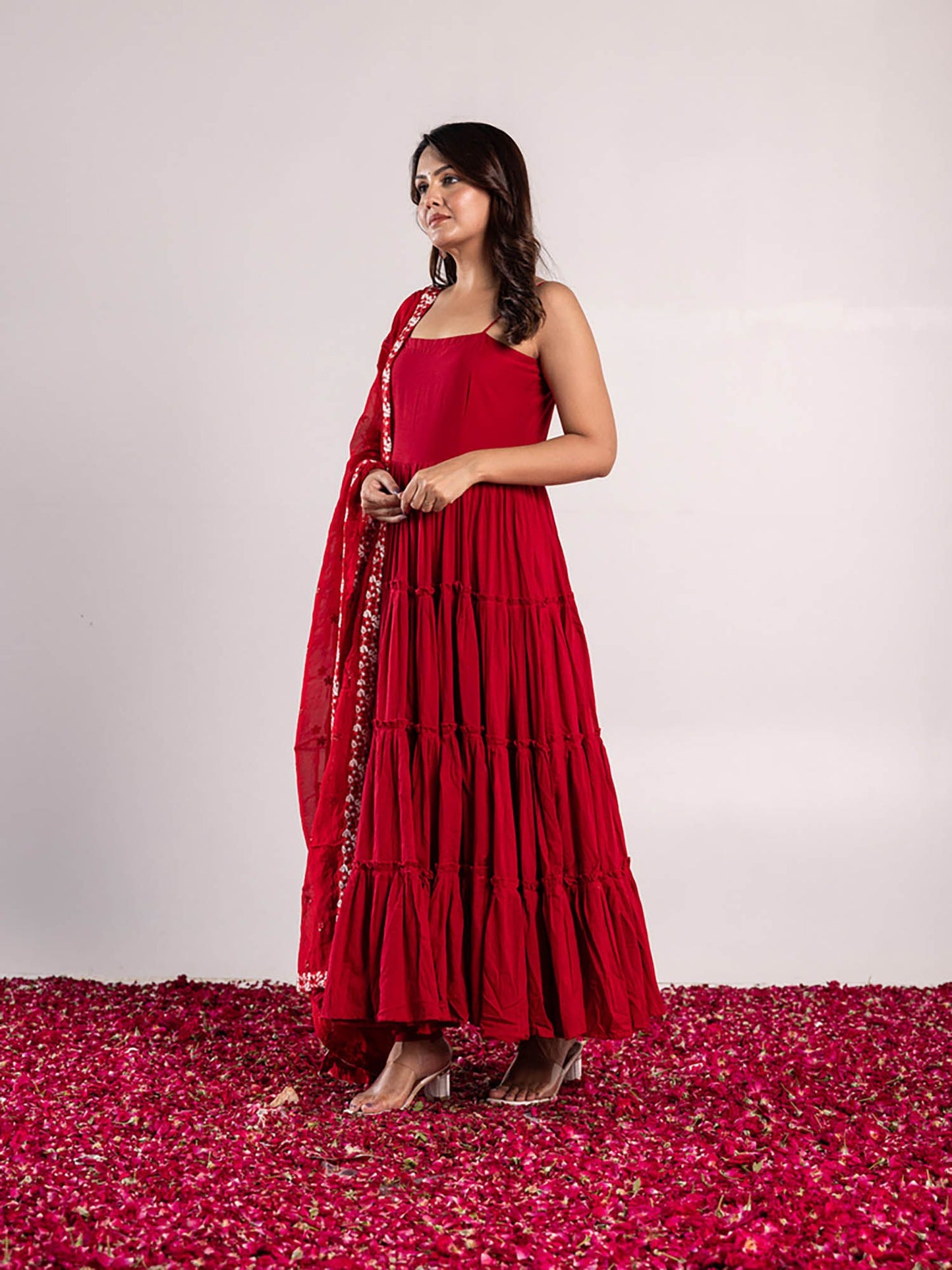 ONEWE INDIA Shrishi Red Anarkali Suit with Churidar & Dupatta (Set of 3)