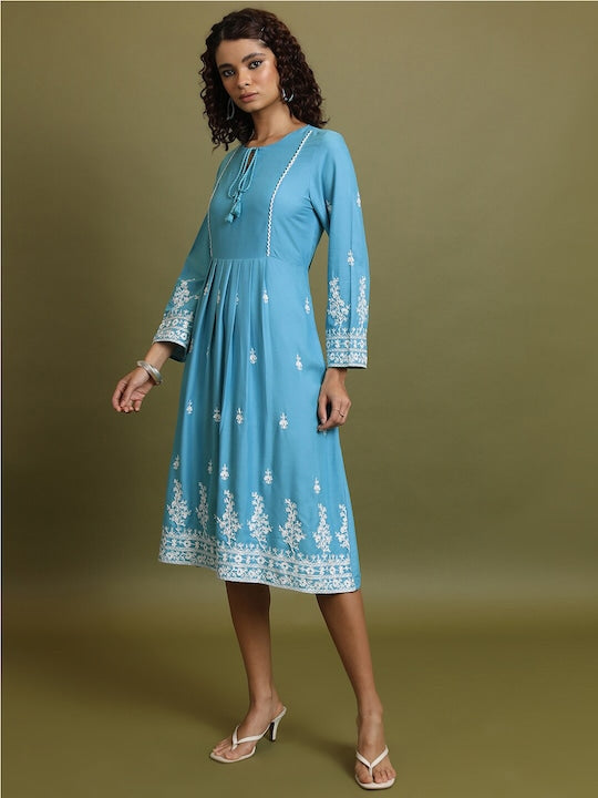Vishudh Blue Floral Embroidered Tie-Up Neck A-Line Midi Dress