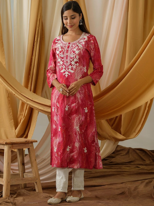 Sangria Abstract Printed and Embroidered Straight Kurta