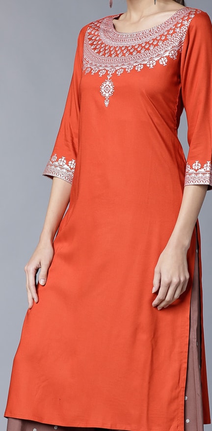 Vishudh Women Rust Orange & Brown Printed Kurta with Palazzos - S