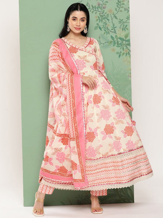 Yufta Women Floral Printed Angrakha Pure Cotton Kurta Set -XXL