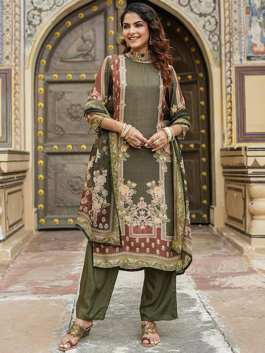 SCAKHI Floral Printed Regular Kurta with Trousers & Dupatta