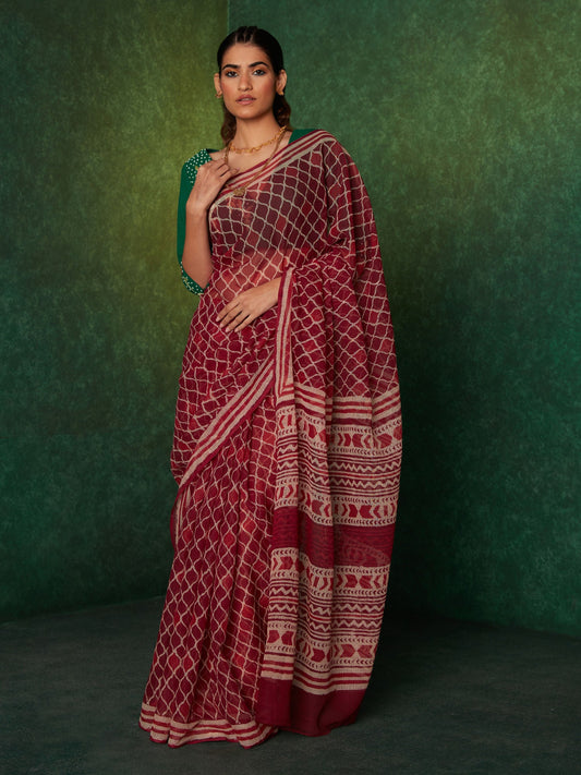 Likha Maroon 200gms Kota Doriya Handblocked Cotton Saree with Unstitched Blouse LIKSAR68 (Free Size)