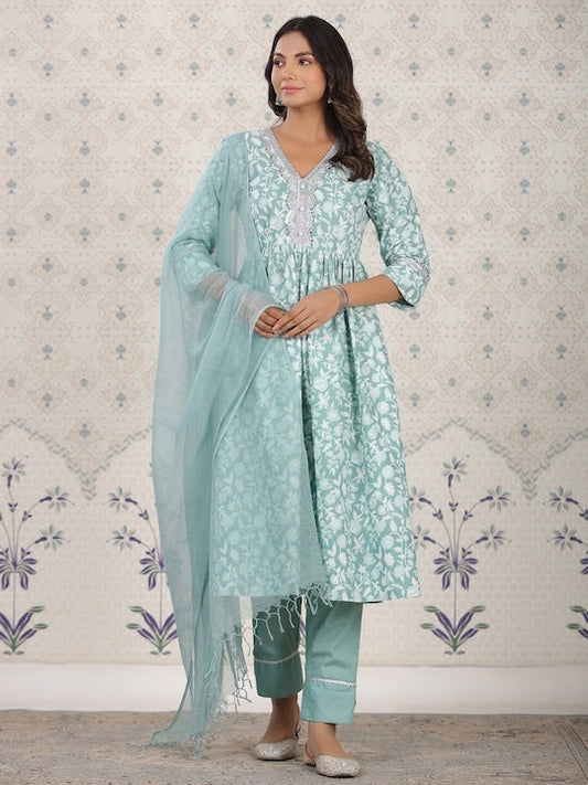 House of Pataudi Floral Printed Pure Cotton Kurta With Palozza & Dupatta