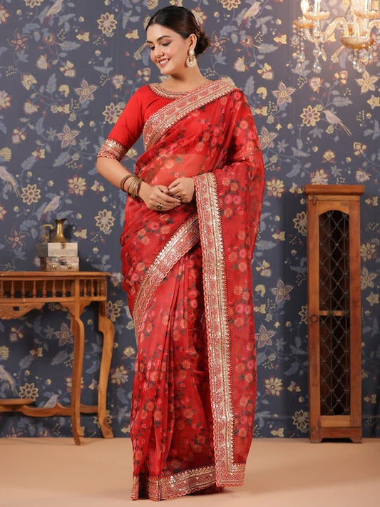 House of Pataudi Floral Printed Organza Sarees