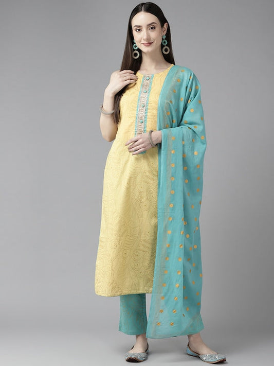 Yufta Paisley Yoke Design Gotta Patti Pure Cotton Kurta with Trousers & With Dupatta