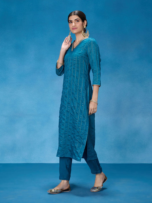 Likha Teal Rangbahar Lurex Chanderi with Sequence Co-ord Set LIKSKD266 (Set of 2)