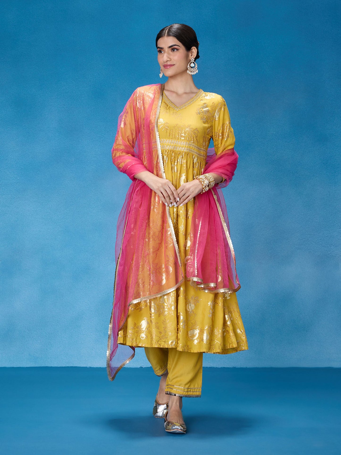 Likha Yellow Rangbahar Foil Printed Kurta Pant and Dupatta LIKSKD286 (Set of 3)