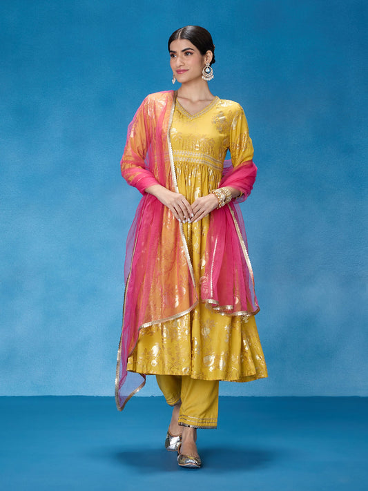 Likha Yellow Rangbahar Foil Printed Kurta Pant and Dupatta LIKSKD286 (Set of 3)