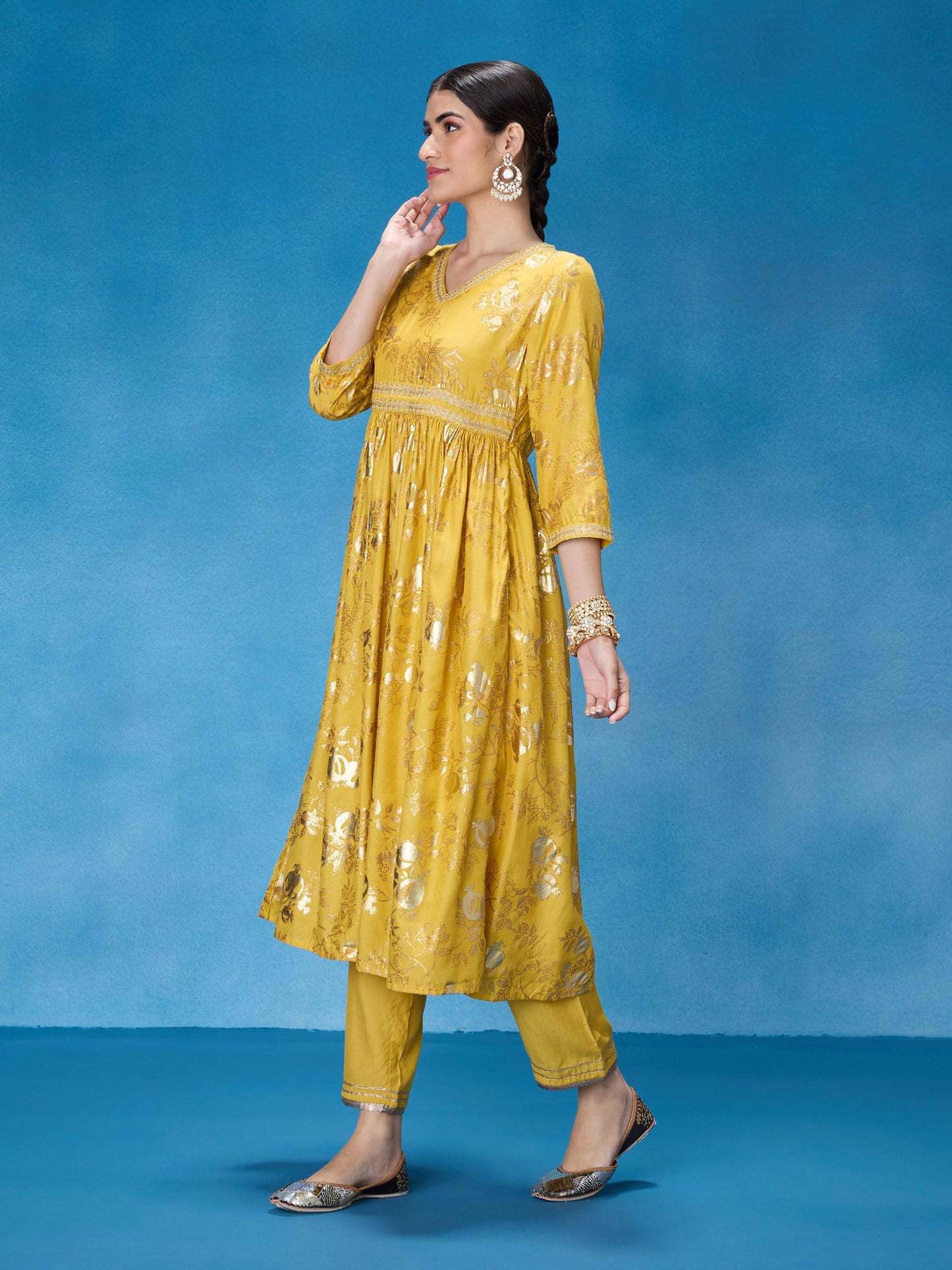 Likha Yellow Rangbahar Foil Printed Kurta Pant and Dupatta LIKSKD286 (Set of 3)