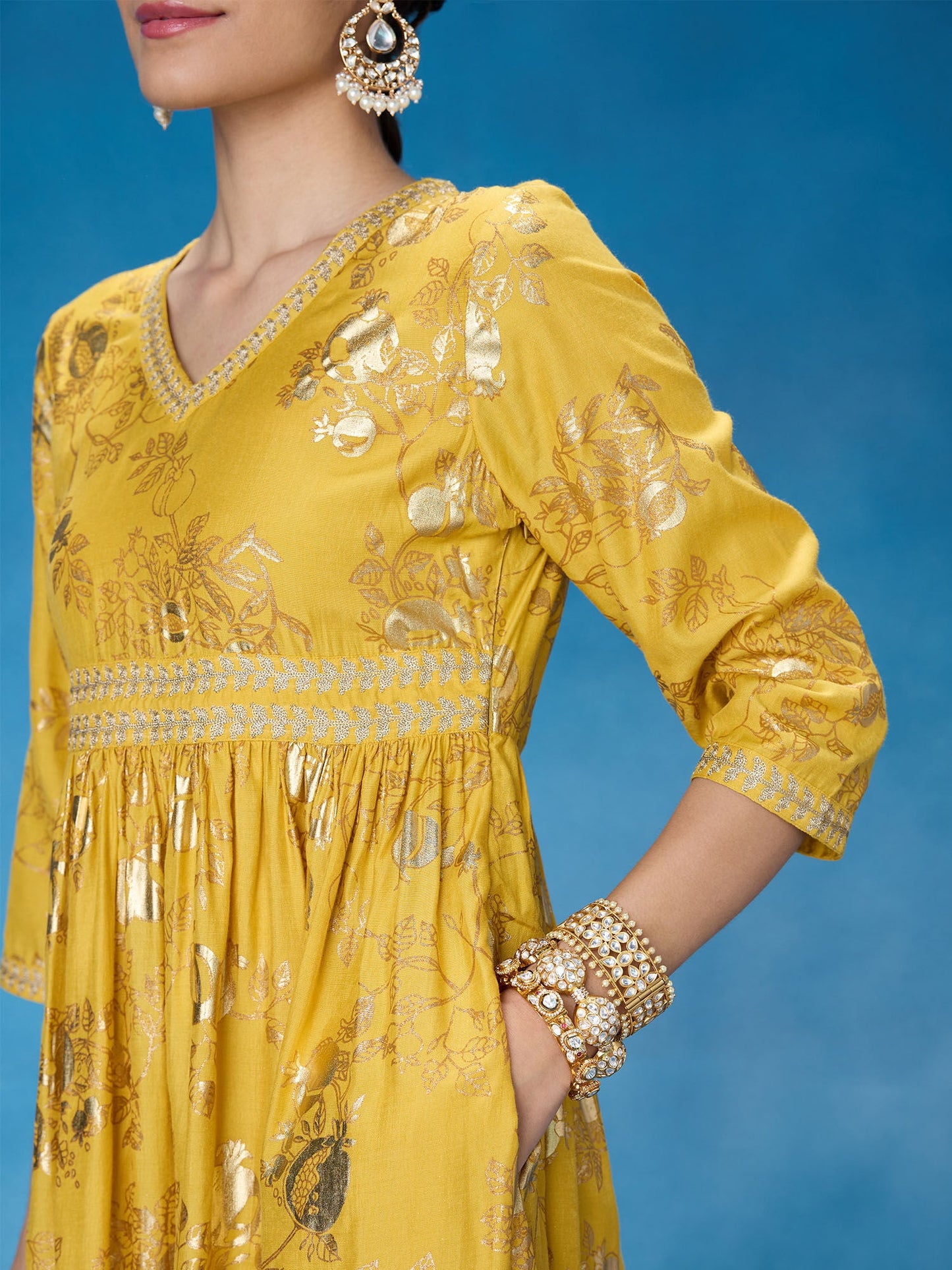 Likha Yellow Rangbahar Foil Printed Kurta Pant and Dupatta LIKSKD286 (Set of 3)