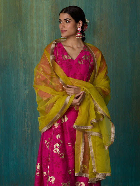 Likha Fuschia Pink Rangbahar Foil Printed Kurta Pant and Dupatta LIKSKD270 (Set of 3) - XL