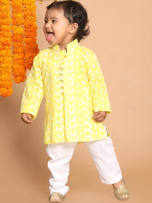 Vastramay Sishu Boys Mustard Yellow And White Pure Cotton Chikankari Kurta Pyjama Set