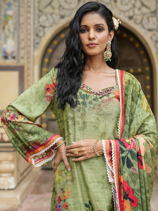 Scakhi Floral Printed Regular Mirror Work Silk Crepe Kurta with Trousers & Dupatta