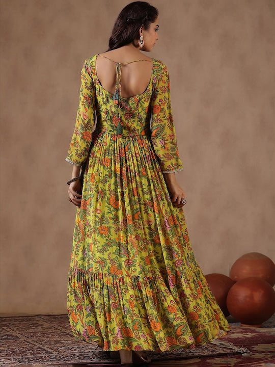 Scakhi Floral Printed Gathered Detail Chinon Silk Gown Maxi Length Ethnic Dress