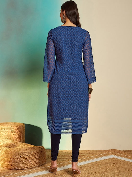 Sangria Floral Embroidered Keyhole Neck Flared Sleeves Thread Work Kurta