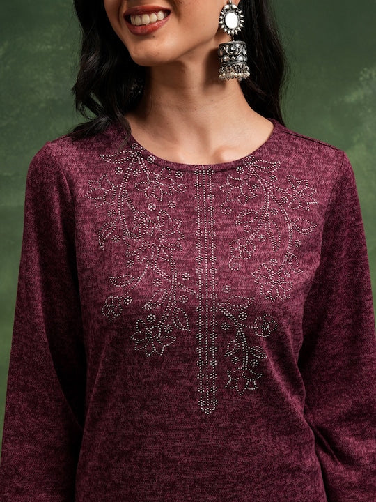 Vishudh Maroon Abstract Printed Mukaish Straight Kurta