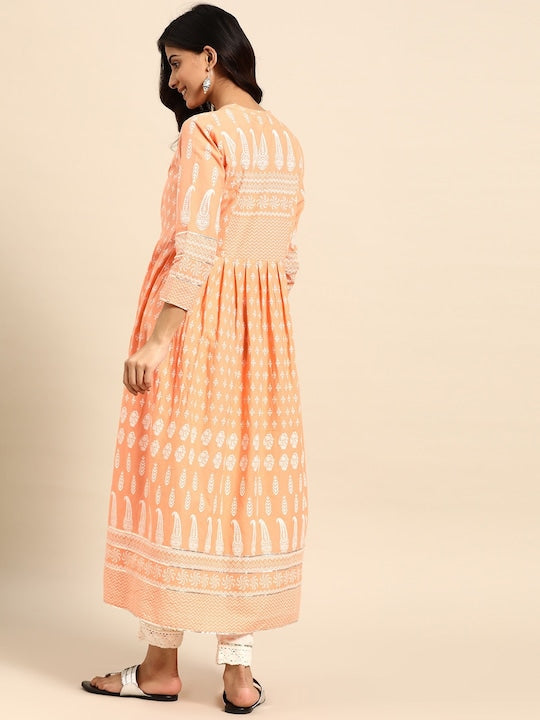 All about you Peach-Coloured Ethnic Motifs Printed Gotta Patti Detail Cotton A-Line Kurta